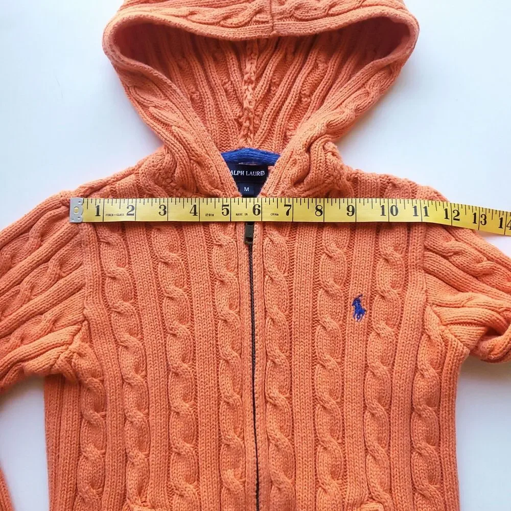 Ralph Lauren Hooded Sweater Kids M Cable Knit Full Zip Pony Logo Preppy Orange